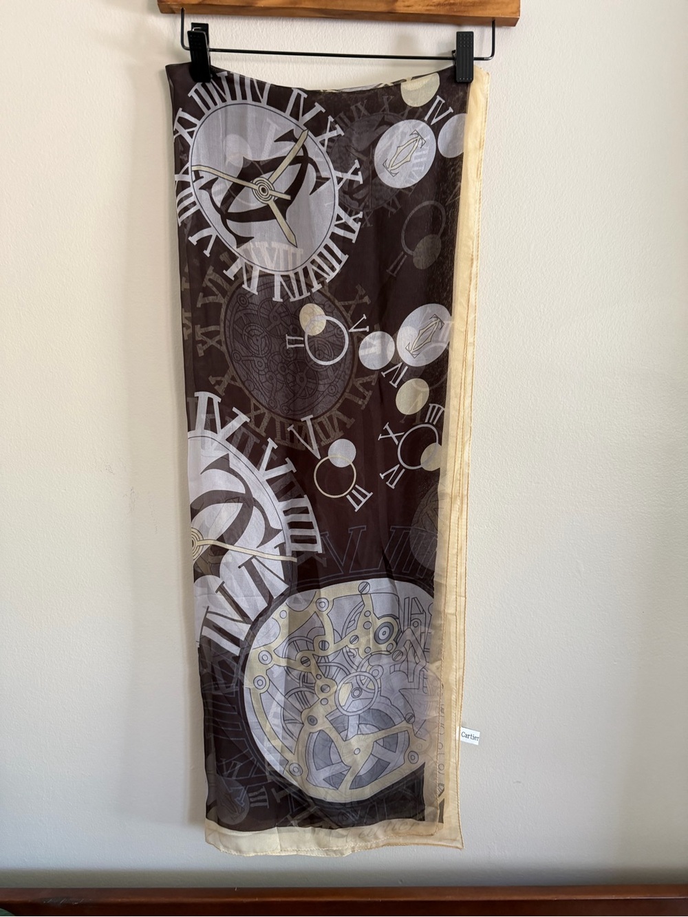Cartier Silk Scarf Vintage Watch Clock Roman Numerals Print Sheer Oblong Brown